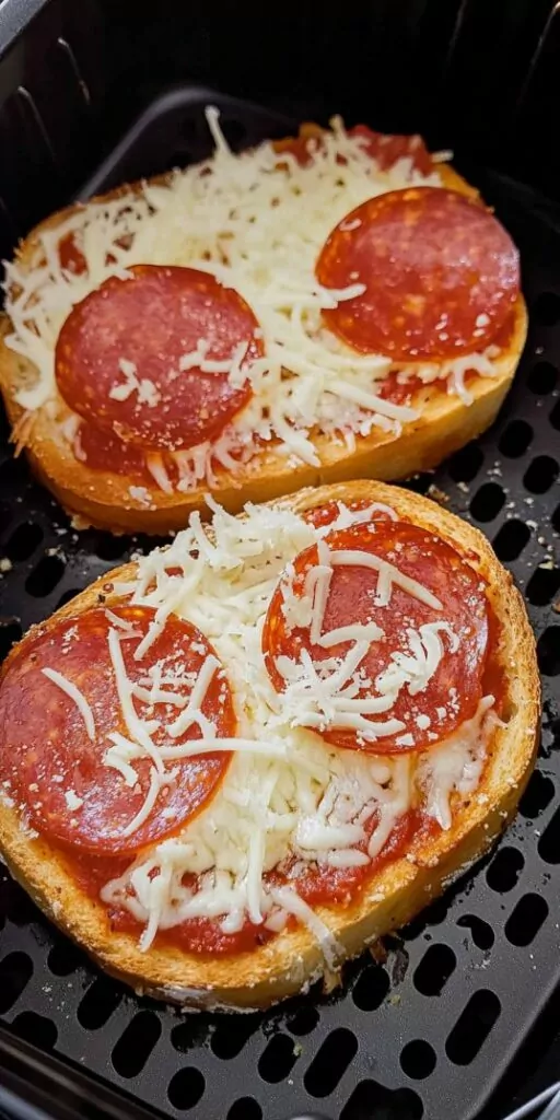 Uncooked pepperoni French bread pizzas placed inside an air fryer basket, featuring slices of French bread topped with marinara sauce, shredded mozzarella cheese, and raw pepperoni slices