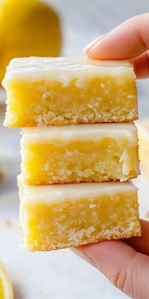 three hand-held lemon brownies stacked to show their moist, dense yellow crumb and thin layer of pale vanilla-speckled icing. The fudgy texture, buttery sheen, and vibrant citrus color contrast against a clean white background for a fresh, modern dessert presentation.