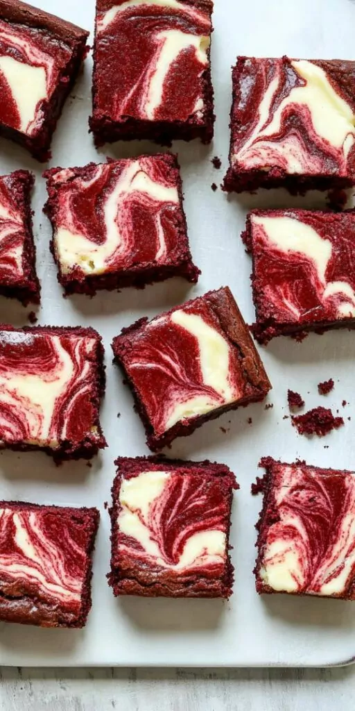 Close-up image of rich red velvet cheesecake swirl brownies cut into squares on a dark baking sheet, showcasing a vibrant marbled pattern of deep red velvet and creamy cheesecake layers.