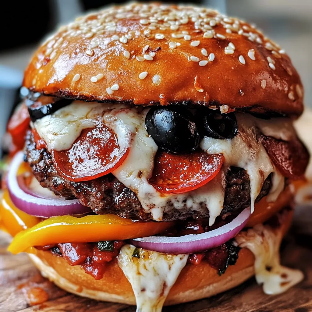 Close-up of Pepperoni Pizza Burgers featuring grilled beef patties mixed with pepperoni and mozzarella, topped with melted cheese, pizza sauce, and colorful vegetable toppings on toasted buns.